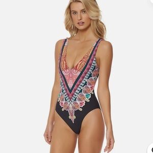 Red Carter Black One-Piece Swimsuit with Pink and Teal Print